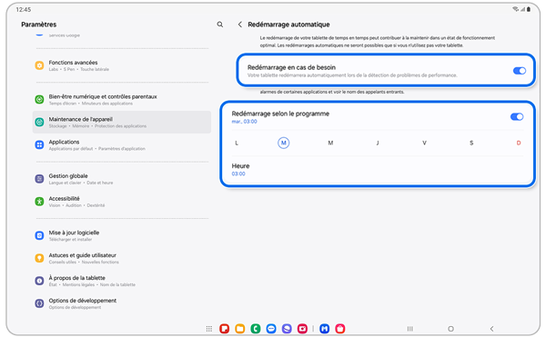 Écran du menu de redémarrage automatique d’un Samsung Galaxy.
