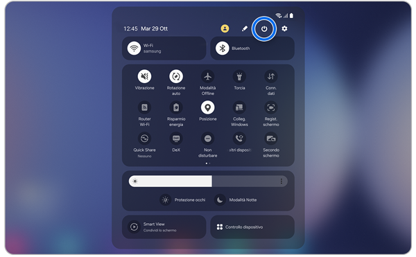 Pannello delle impostazioni rapide