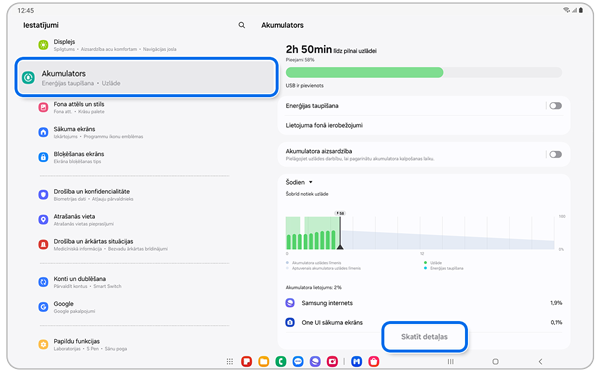 Opcijas Akumulators iestatījumu ekrāns.