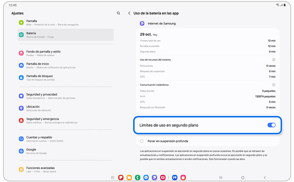 Información sobre el uso de la batería.