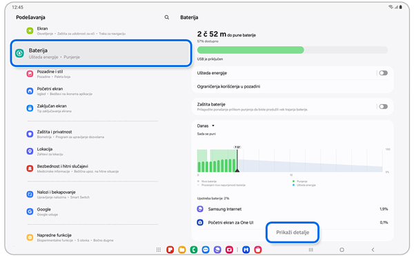 Ekran podešavanja Baterija.