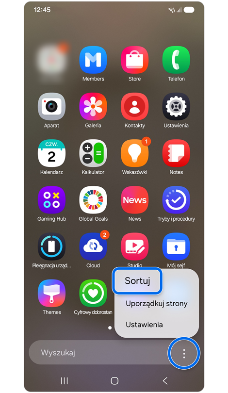 Wyświetlanie ekranu Aplikacji i otwartego menu 'Więcej opcji', z wyróżnioną opcją 'Sortuj' do organizacji aplikacji.