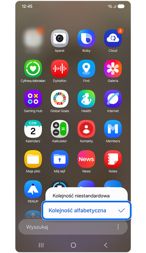 Wyświetlenie ekranu aplikacji i opcji menu "Sortuj" z podświetloną opcją "Kolejność alfabetyczna".