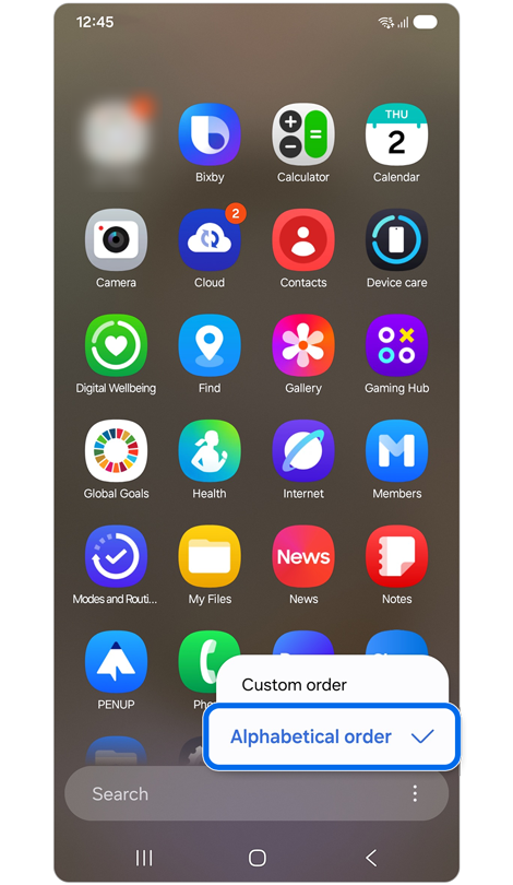 Displaying the Apps screen and 'Sort' menu options, highlighting the ‘Alphabetical order’ option highlighted.