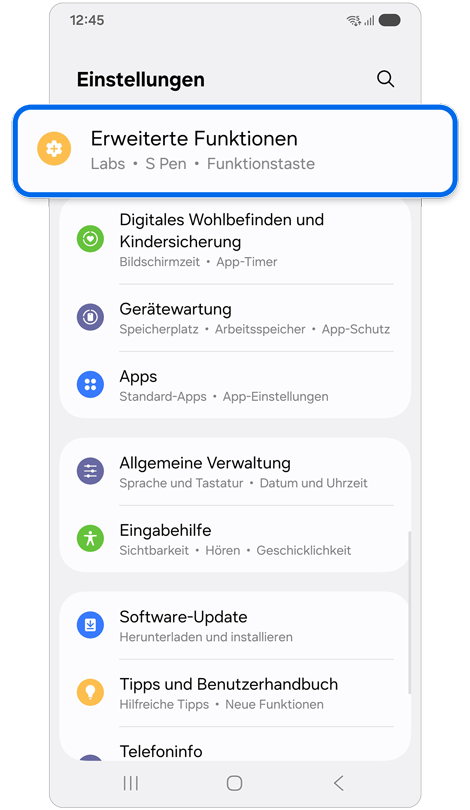 Erweiterte Funktionen ist auf dem Startbildschirm eines Galaxy Smartphones markiert.