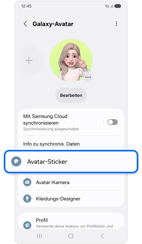Die Option Avatar-Sticker ist in der Galaxy-Avatar Funktion markiert.