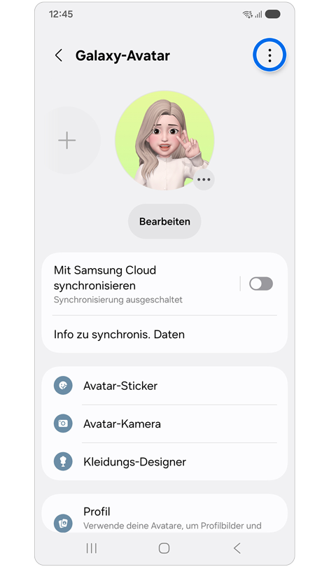 Galaxy-Avatar Funktionen werden angezeigt.