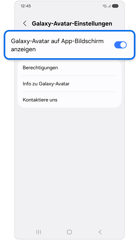 Option Galaxy-Avatar auf dem App-Bildschirm anzeigen ist in den Galaxy-Avatar-Einstellungen markiert.