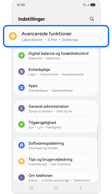 Indstillinger startskærm.