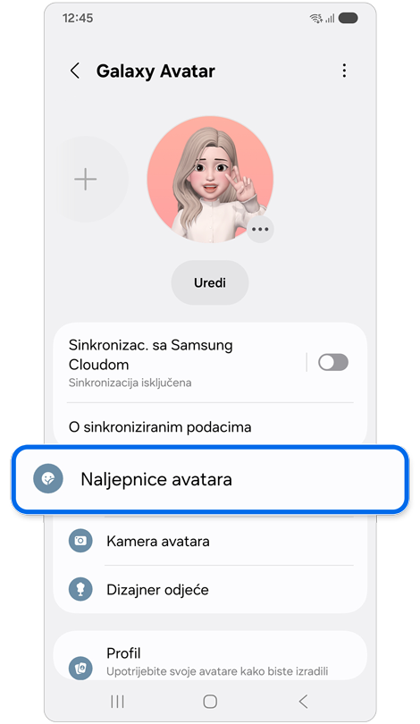 Zaslon značajke Galaxy Avatar.