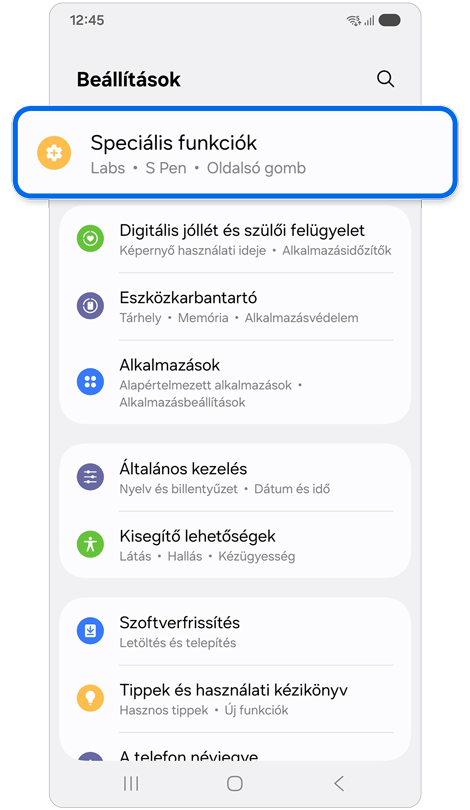 Beállítások kezdőképernyő.