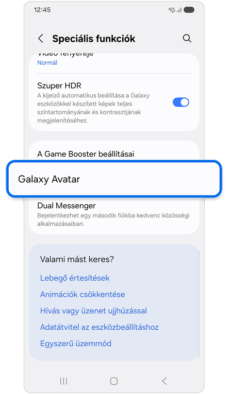 Haladó funkciók képernyő.
