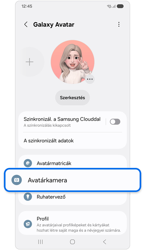 Galaxy Avatar funkció képernyő.