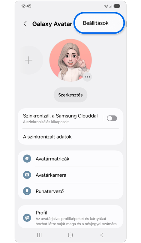 Galaxy Avatar képernyő.