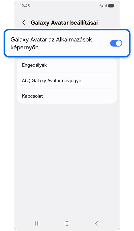 Galaxy Avatar funkció képernyő.