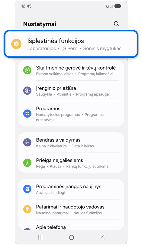 Nustatymų pradžios ekranas.