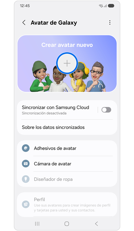 Pantalla de función de Avatar de Galaxy.