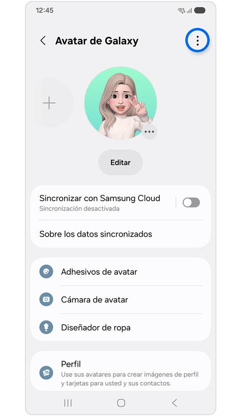 Pantalla de avatar de Galaxy.
