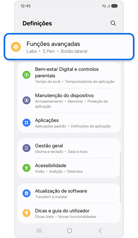 Ecrã principal definições.