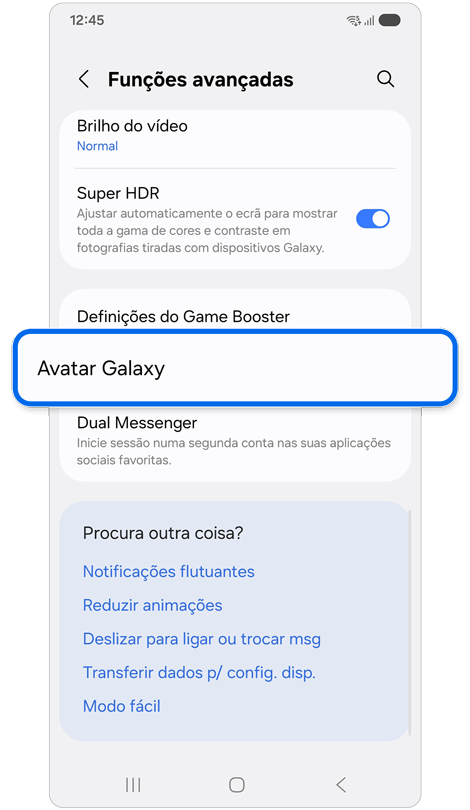 Ecrã de funções avançadas.