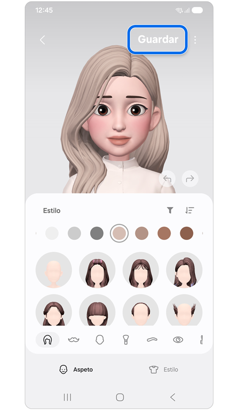 Ecrã de personalização de avatar.