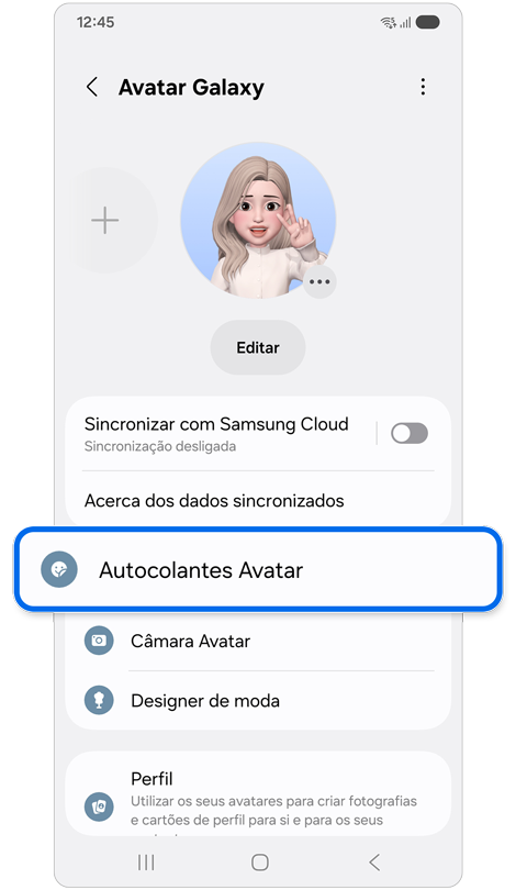 Ecrã da funcionalidade Avatar Galaxy.
