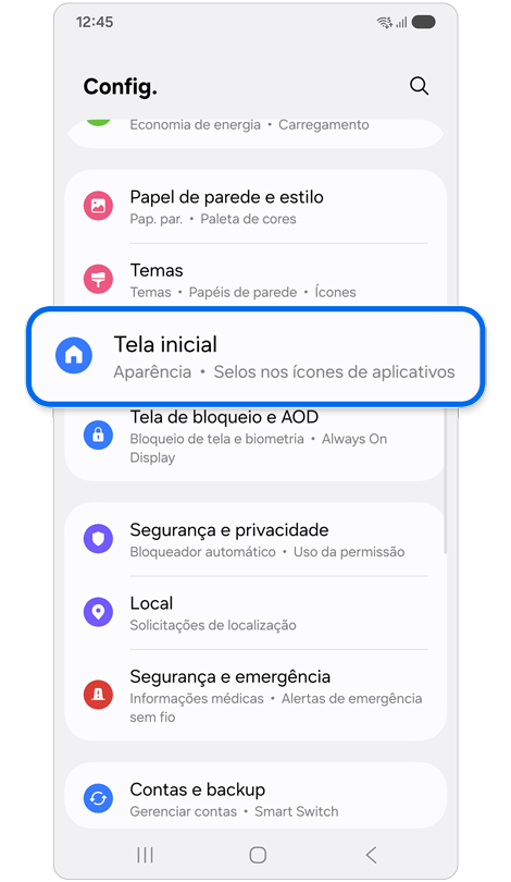 Menu de configurações com ‘Tela inicial’ destacado.