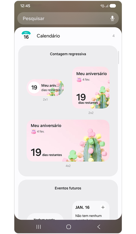 Vários formatos de widget exibidos na lista de widgets recomendados.