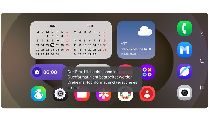Die Benachrichtigung auf dem Startbildschirm im Querformat weist darauf hin, dass der Startbildschirm nicht bearbeitet werden kann.