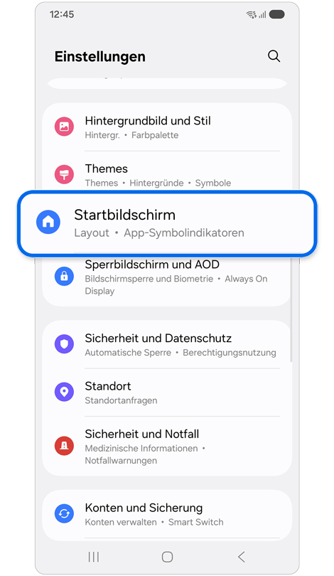 Einstellungsmenü mit hervorgehobener Option „Startbildschirm“ wird angezeigt.