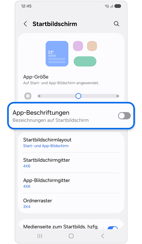 App-Beschriftungen ist in den Einstellungen des Startbildschirms markiert.