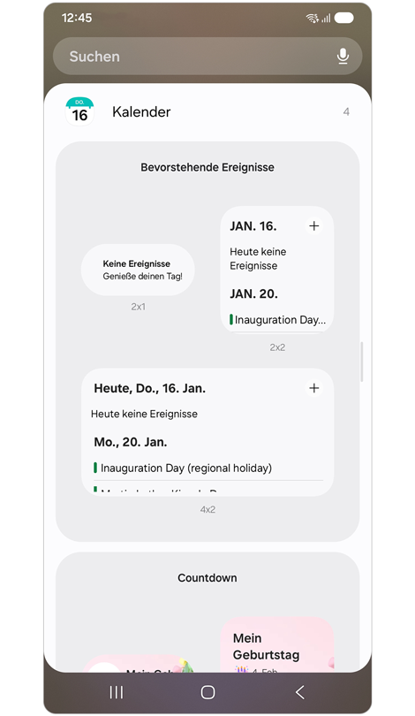 Verschiedene Widget-Formate für die Liste der empfohlenen Widgets werden angezeigt.