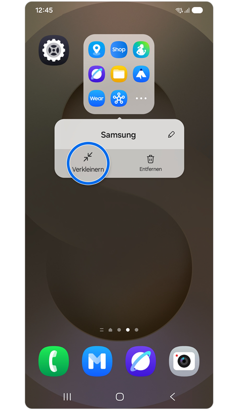 Startbildschirm mit geöffnetem Einstellungs-Pop-up-Menü für einen App-Ordner mit hervorgehobener Option „Verkleinern“