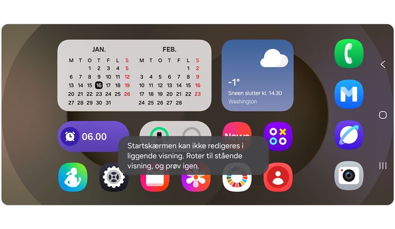 Startskærm i liggende tilstand viser en meddelelse, der siger, at startskærmen ikke kan redigeres.