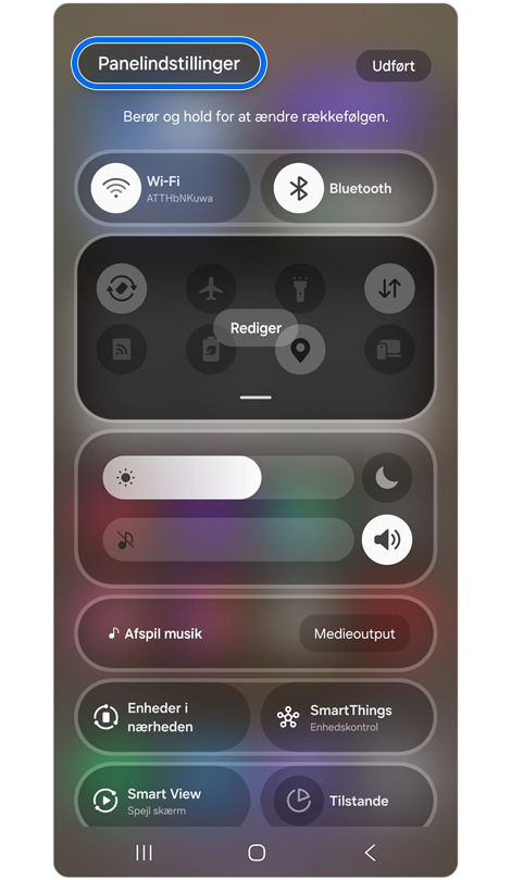 Hurtigindstillingspanel med redigering aktiveret.