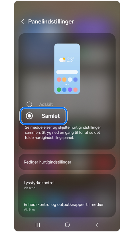 Panelets indstillingsskærm.