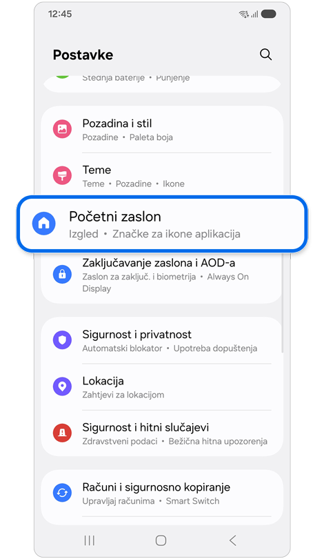 Izbornik postavki siistaknutim "Početni zaslon".