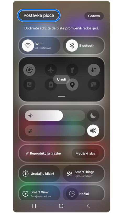 Brza ploča s postavkama s omogućenom izmjenom.
