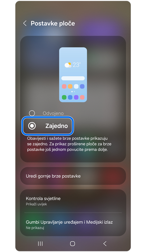 Zaslon postavki panela.