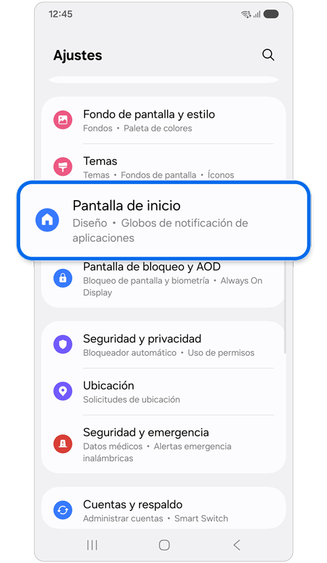 Menú de configuración con ‘Pantalla de inicio’ resaltada.