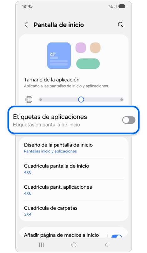 Ajustes de la pantalla de inicio.