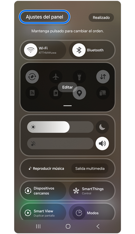 Panel de configuración rápida con edición habilitada.