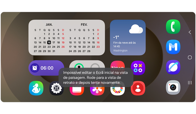 Ecrã principal em modo paisagem a exibir uma notificação que diz que o ecrã inicial não pode ser editado.