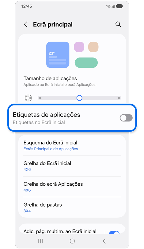 Configurações do ecrã principal.
