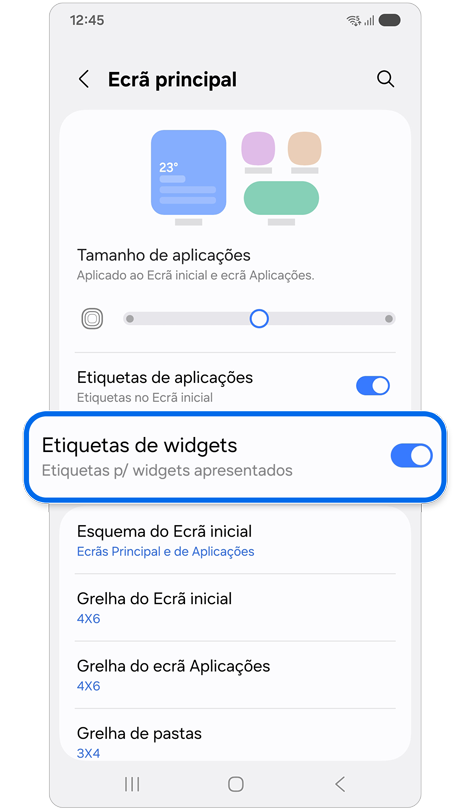 Configurações do ecrã principal.