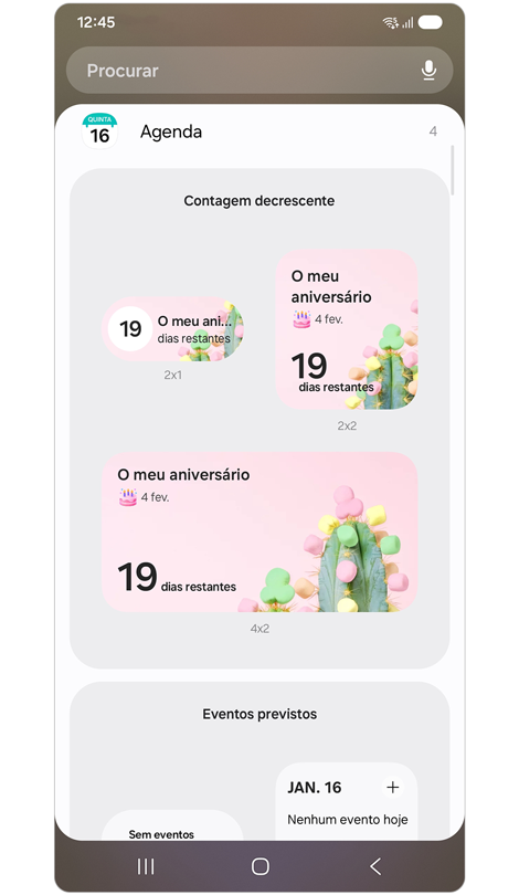 Vários formatos de widgets apresentados na lista de widgets recomendados.