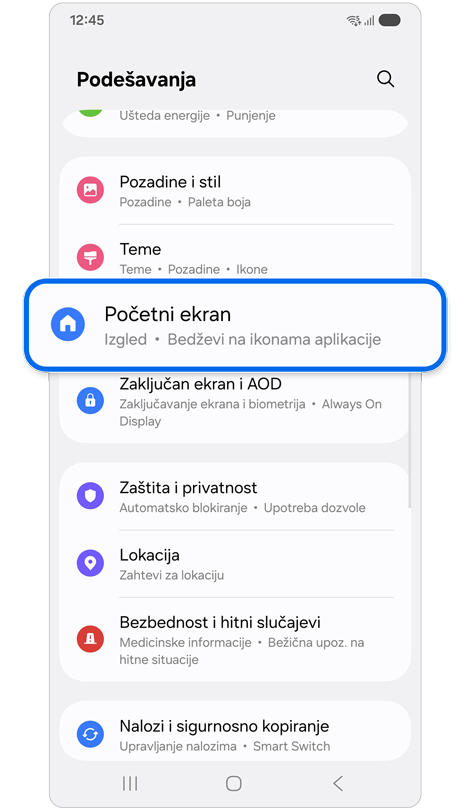 Meni podešavanja sa istaknutim "Početni ekran".