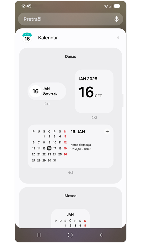 Različiti formati widgeta prikazani na listi preporučenih widgeta.
