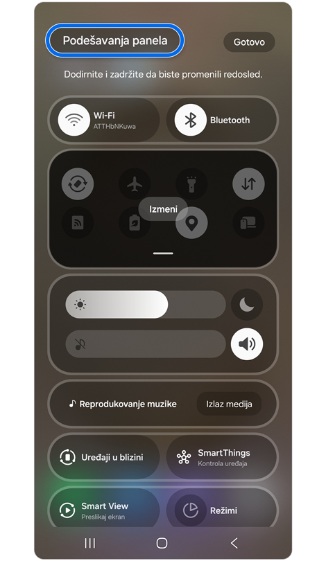 Panel za brza podešavanja sa omogućenim uređivanjem.