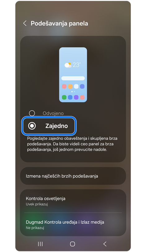 Ekran za podešavanje panela.